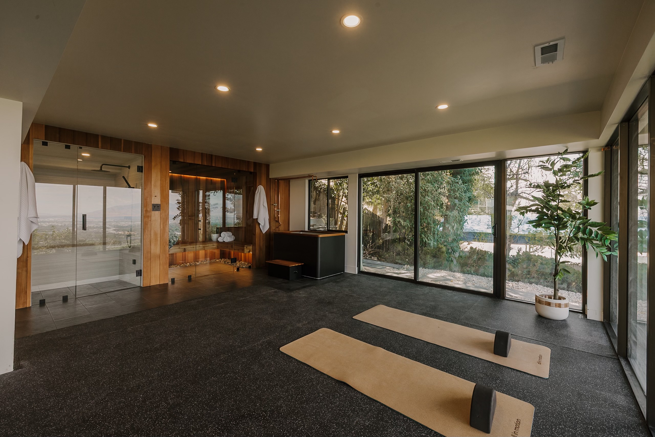 Completed custom wellness suite with sauna, gym, shower, and cold plunge